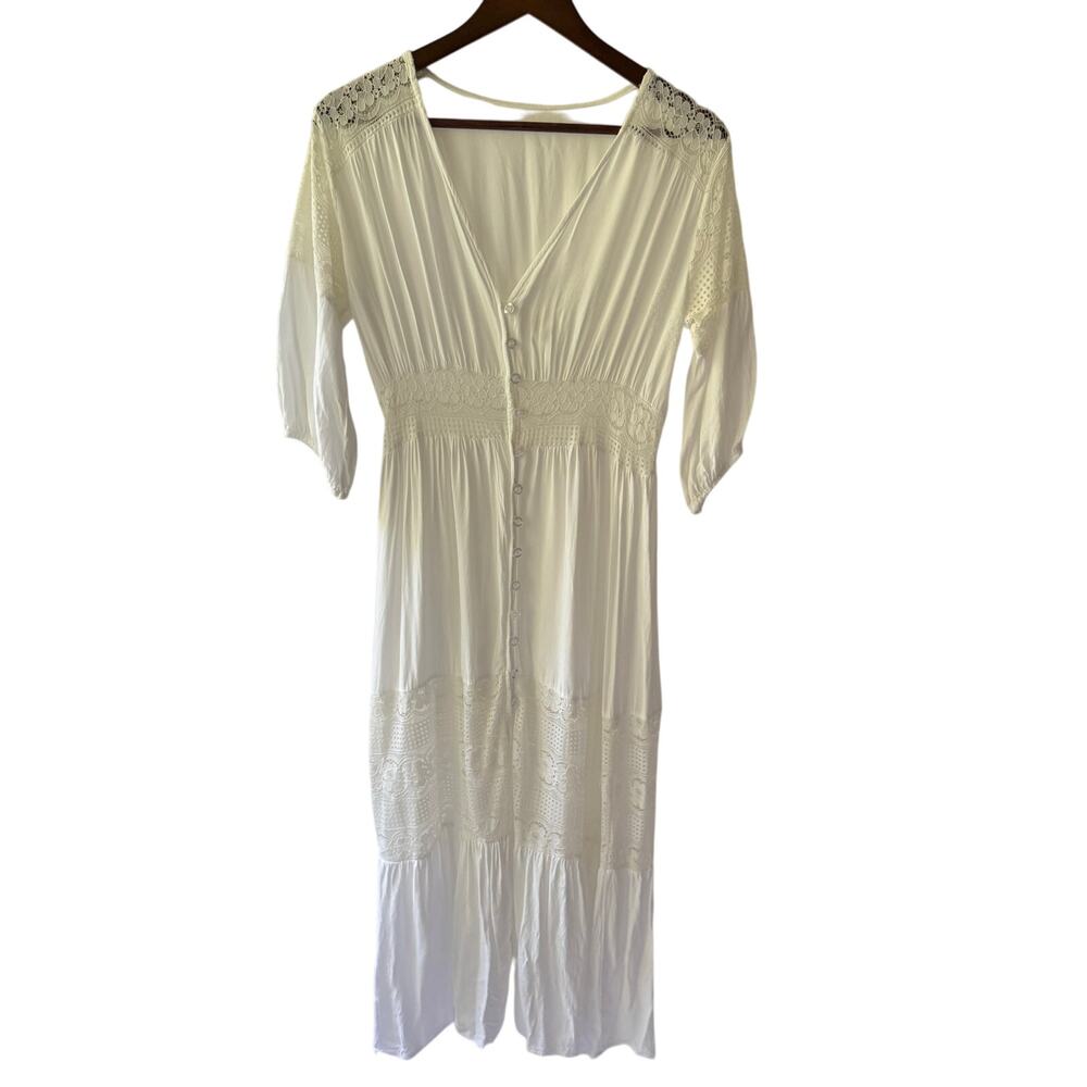 Women’s Boho White Tiered Summer Dress Size L Button Front Lace Cottagecore